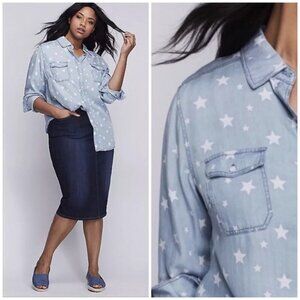 Lane Bryant Star Print Chambray Boyfriend Button Down Shirt 18/20